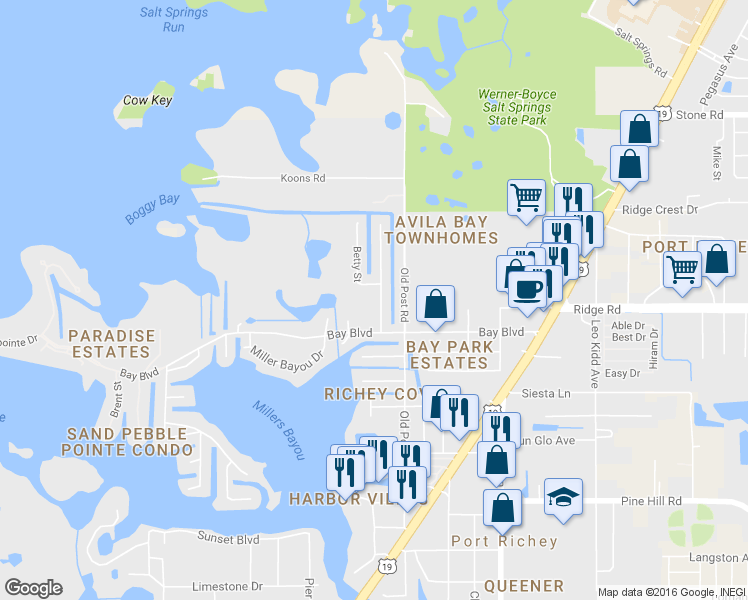 map of restaurants, bars, coffee shops, grocery stores, and more near 8531 Green Street in Port Richey