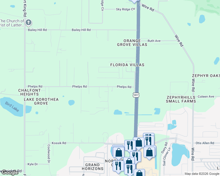 map of restaurants, bars, coffee shops, grocery stores, and more near 37709 Phelps Road in Zephyrhills