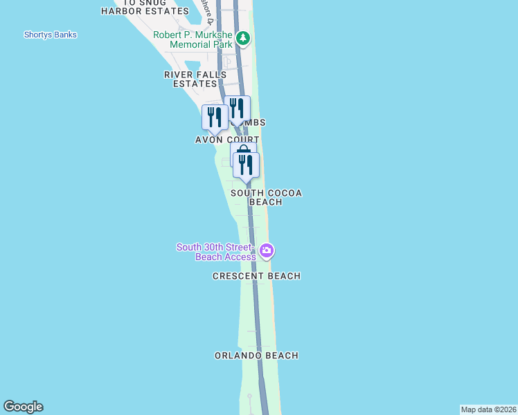 map of restaurants, bars, coffee shops, grocery stores, and more near 2625 South Atlantic Avenue in Cocoa Beach