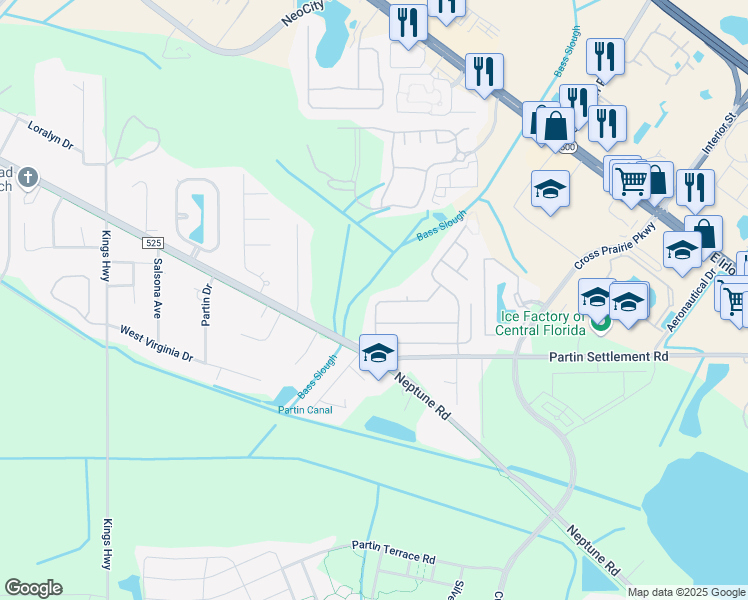 map of restaurants, bars, coffee shops, grocery stores, and more near 2025 Bearing Lane in Kissimmee