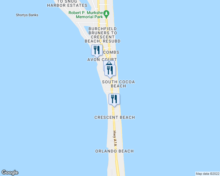 map of restaurants, bars, coffee shops, grocery stores, and more near 2626 South Atlantic Avenue in Cocoa Beach