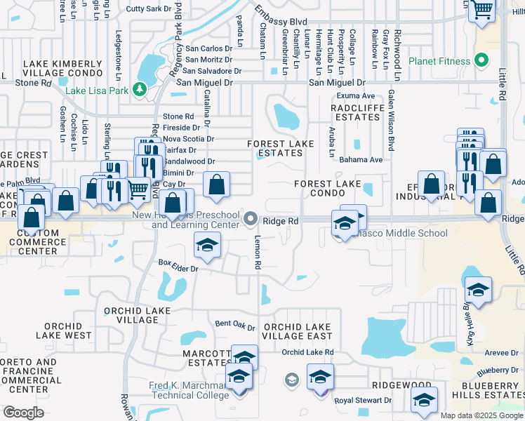map of restaurants, bars, coffee shops, grocery stores, and more near 7529 High Pines Court in Port Richey