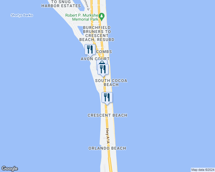 map of restaurants, bars, coffee shops, grocery stores, and more near 3 South 26th Street in Cocoa Beach