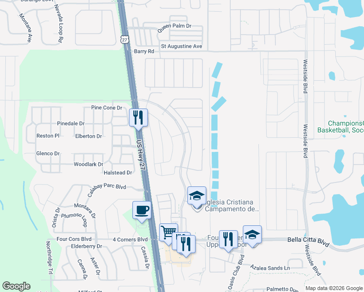 map of restaurants, bars, coffee shops, grocery stores, and more near 2568 Bella Vista Drive in Davenport