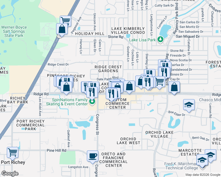 map of restaurants, bars, coffee shops, grocery stores, and more near 6615 Deeb Street in Port Richey