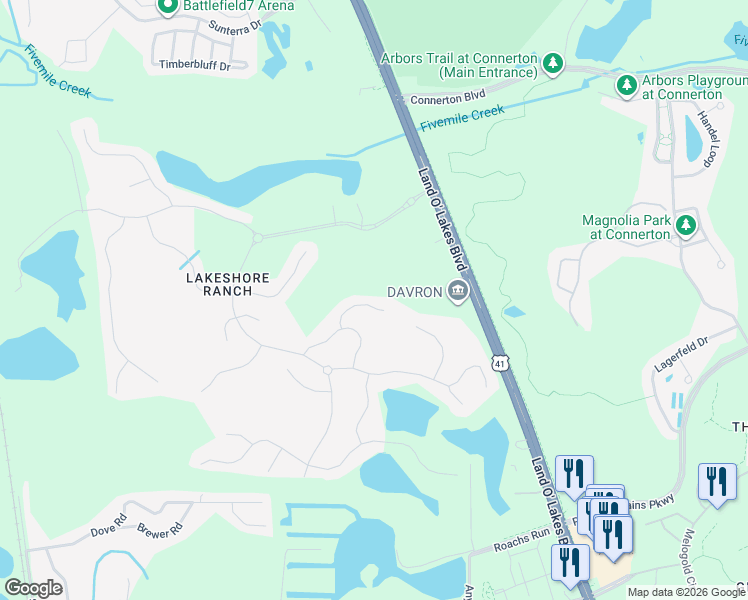 map of restaurants, bars, coffee shops, grocery stores, and more near 8519 May Port Court in Land O' Lakes