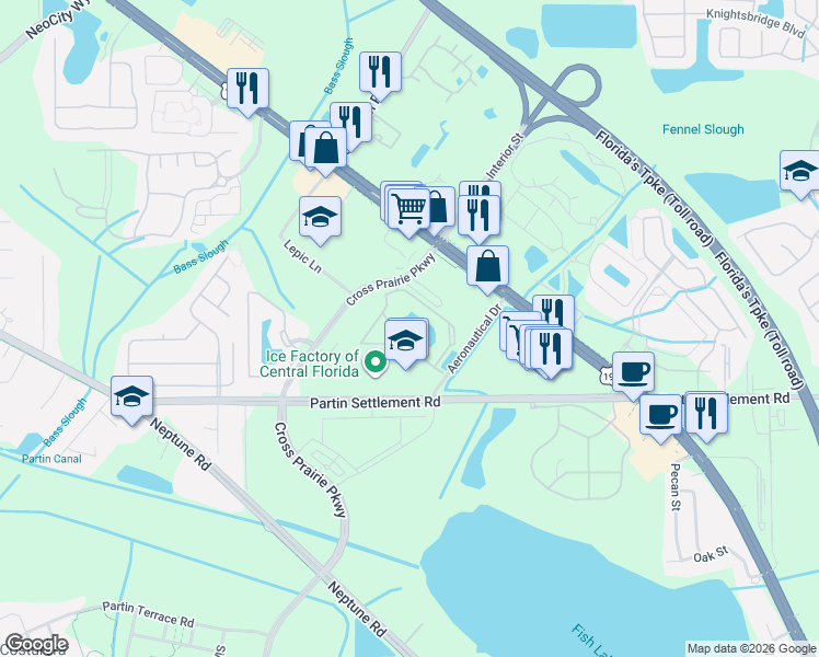 map of restaurants, bars, coffee shops, grocery stores, and more near 2228 Villa Verano Way in Kissimmee