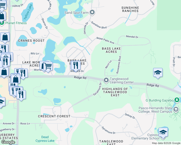 map of restaurants, bars, coffee shops, grocery stores, and more near 9208 Creston Avenue in New Port Richey