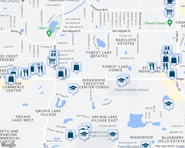 map of restaurants, bars, coffee shops, grocery stores, and more near 7533 High Pines Court in Port Richey