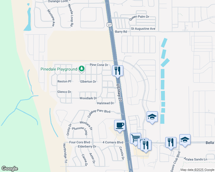 map of restaurants, bars, coffee shops, grocery stores, and more near 112 Pineleaf Pass in Davenport