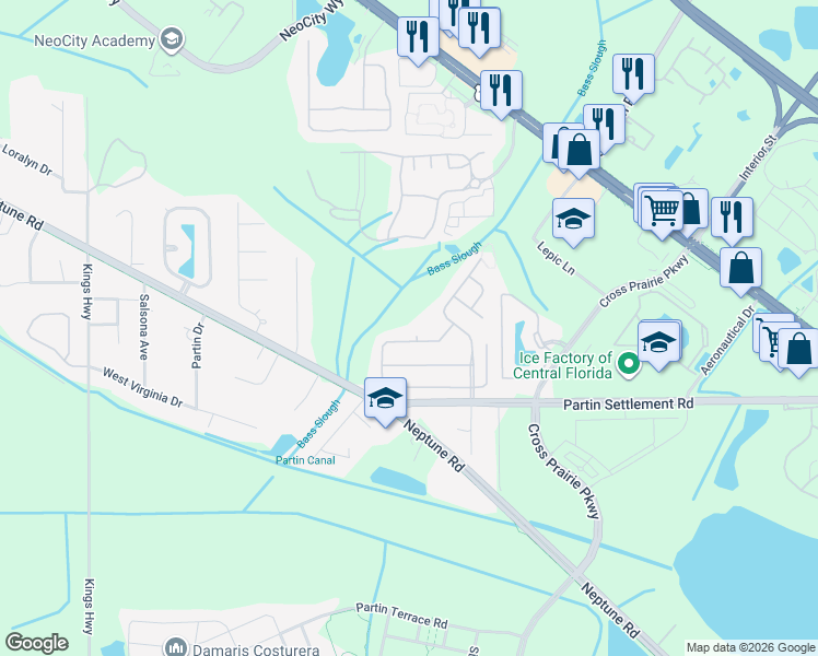 map of restaurants, bars, coffee shops, grocery stores, and more near 2021 Bearing Lane in Kissimmee