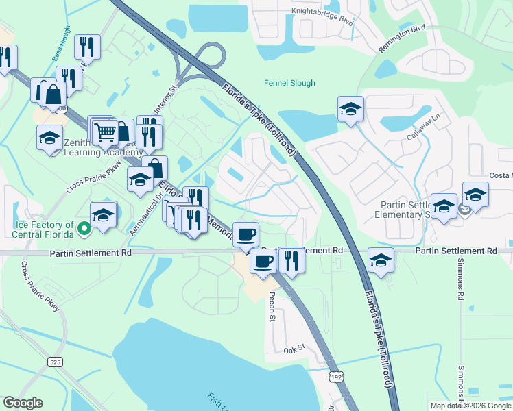 map of restaurants, bars, coffee shops, grocery stores, and more near 2413 Academy Circle East in Kissimmee