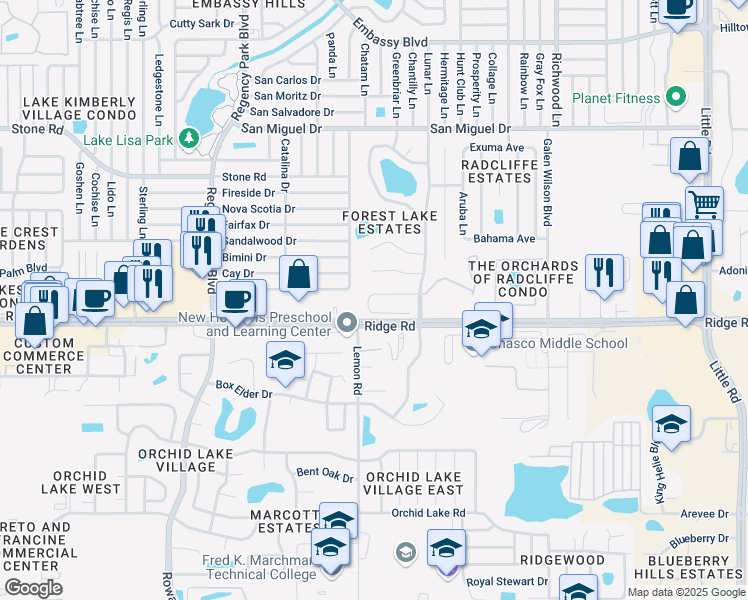 map of restaurants, bars, coffee shops, grocery stores, and more near 7529 High Pines Court in Port Richey