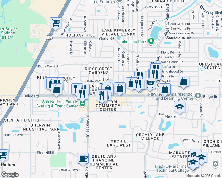 map of restaurants, bars, coffee shops, grocery stores, and more near 6715 Deeb Street in Port Richey