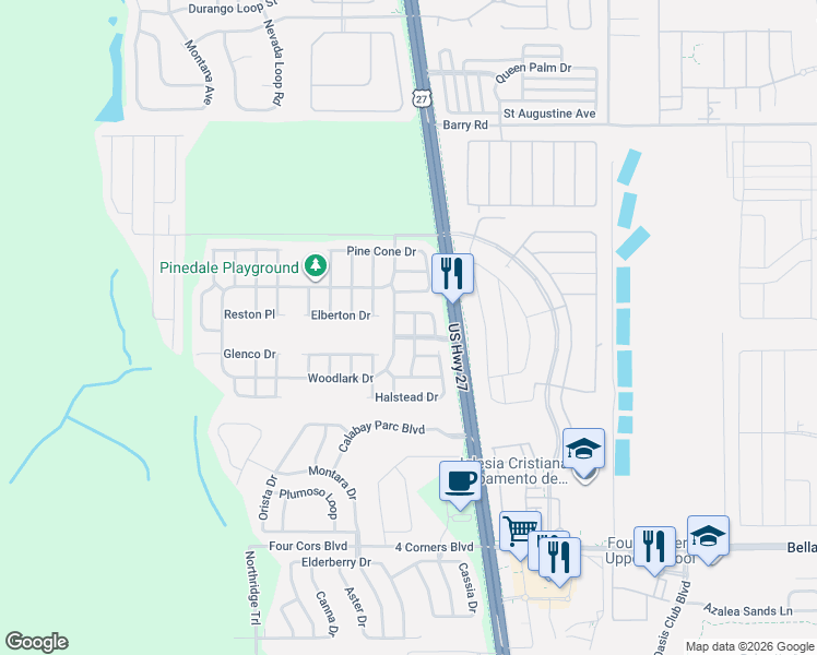 map of restaurants, bars, coffee shops, grocery stores, and more near 112 Pineleaf Pass in Davenport