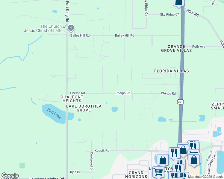 map of restaurants, bars, coffee shops, grocery stores, and more near 37321 Phelps Road in Zephyrhills