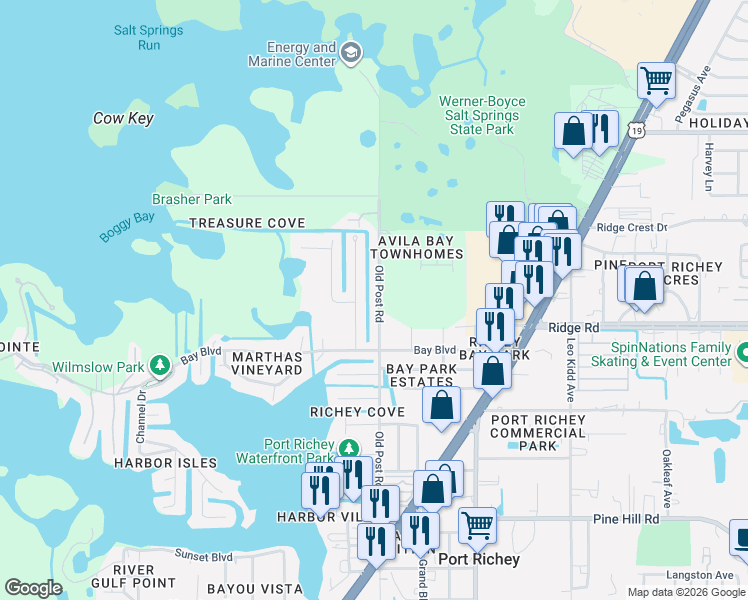 map of restaurants, bars, coffee shops, grocery stores, and more near 8519 Old Post Road in Port Richey