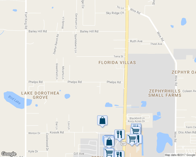 map of restaurants, bars, coffee shops, grocery stores, and more near 37709 Phelps Road in Zephyrhills