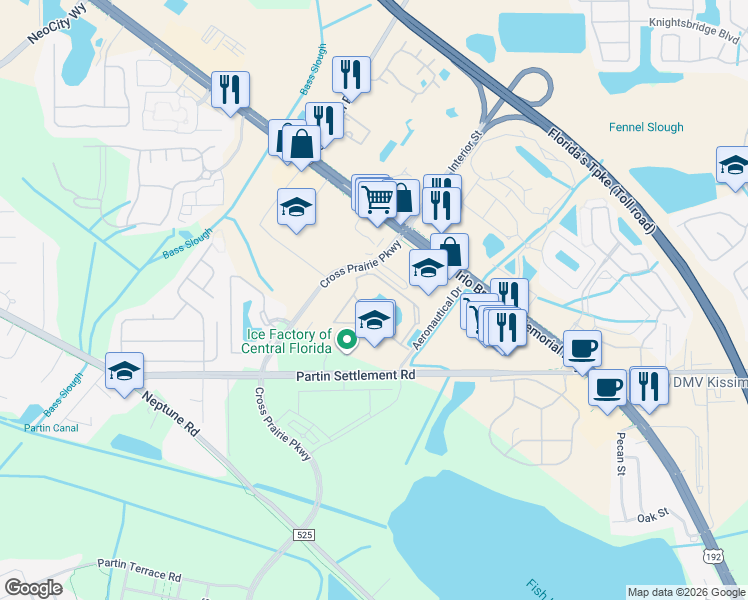 map of restaurants, bars, coffee shops, grocery stores, and more near 2228 Villa Verano Way in Kissimmee