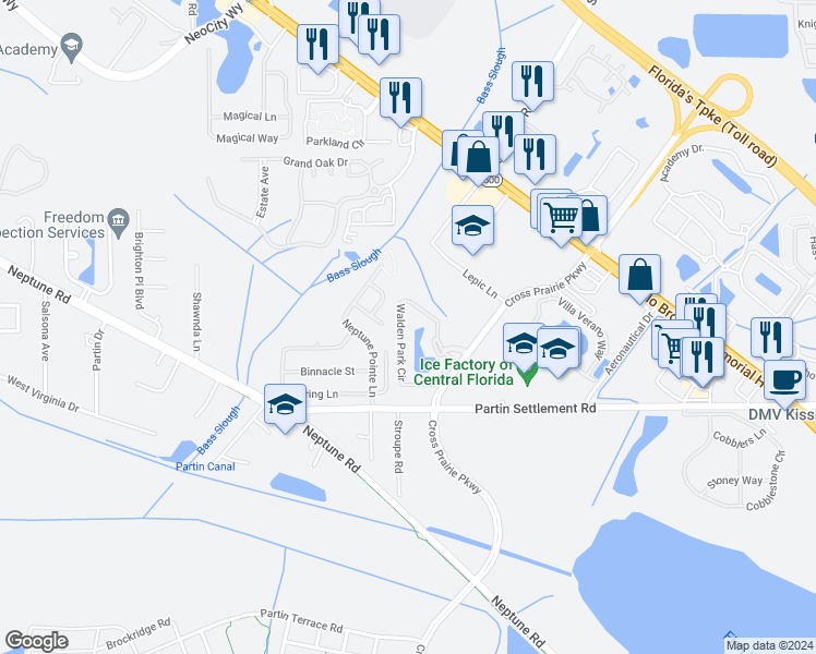 map of restaurants, bars, coffee shops, grocery stores, and more near 2118 Walden Park Circle in Kissimmee