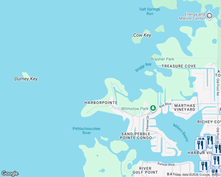 map of restaurants, bars, coffee shops, grocery stores, and more near 4557 Harborpointe Drive in Port Richey