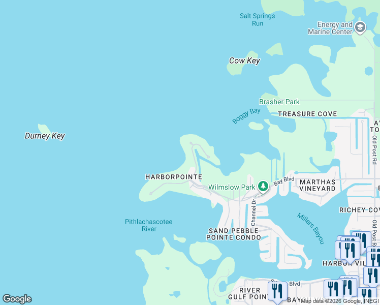 map of restaurants, bars, coffee shops, grocery stores, and more near 4557 Harborpointe Drive in Port Richey