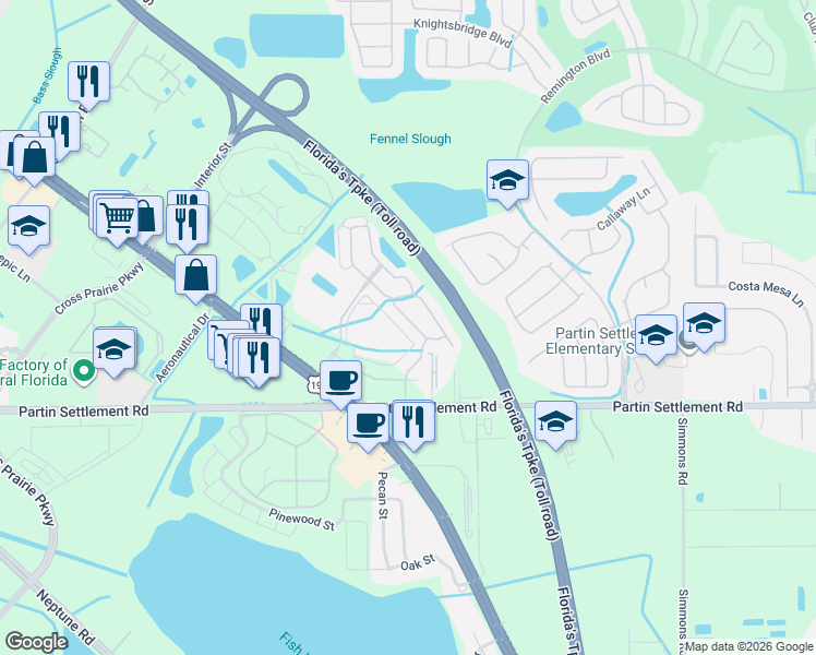 map of restaurants, bars, coffee shops, grocery stores, and more near 1054 Chalcedony Street in Kissimmee