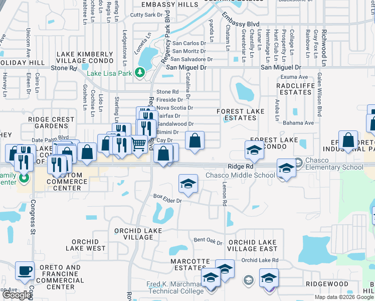 map of restaurants, bars, coffee shops, grocery stores, and more near 7302 Isle Drive in Port Richey
