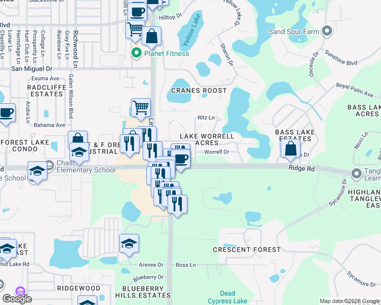 map of restaurants, bars, coffee shops, grocery stores, and more near 8539 Ridge Road in New Port Richey