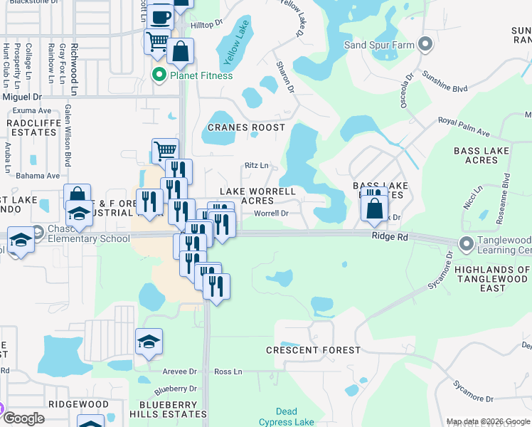 map of restaurants, bars, coffee shops, grocery stores, and more near 8645 Ridge Road in New Port Richey