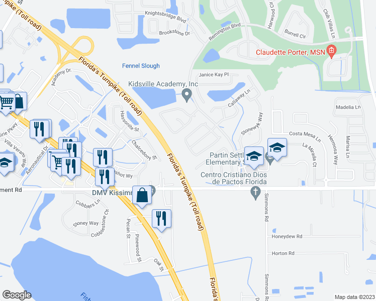 map of restaurants, bars, coffee shops, grocery stores, and more near 953 Tramells Trail in Kissimmee