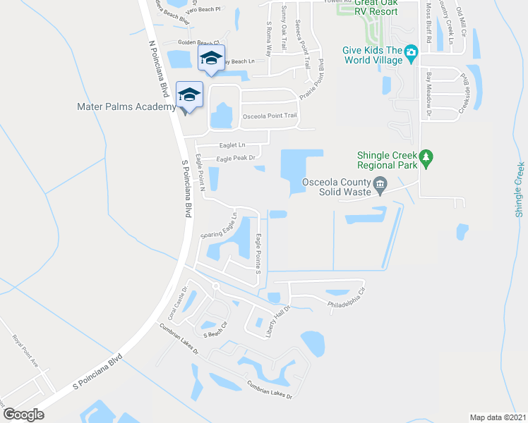 map of restaurants, bars, coffee shops, grocery stores, and more near 601-603 Eagle Pointe South in Kissimmee