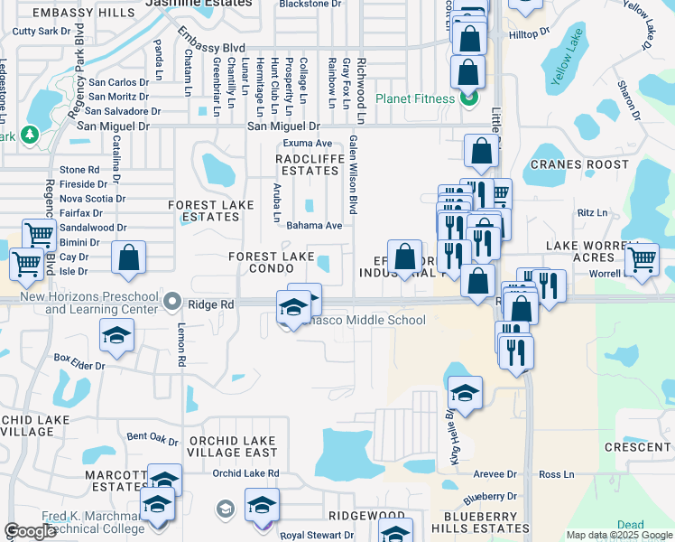 map of restaurants, bars, coffee shops, grocery stores, and more near 7969 Ridge Road in Port Richey