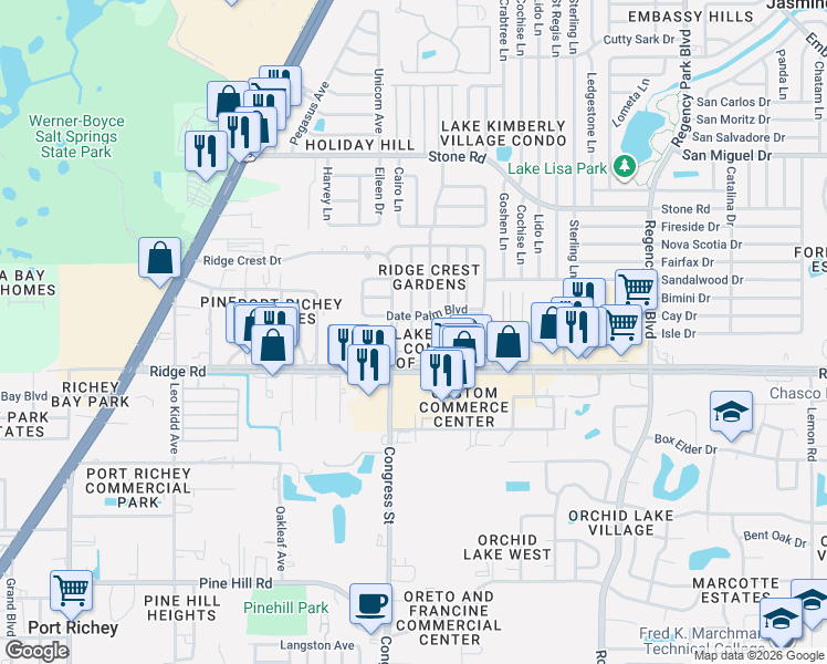map of restaurants, bars, coffee shops, grocery stores, and more near 8540 Robilina Road in Port Richey