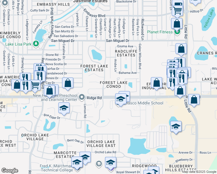 map of restaurants, bars, coffee shops, grocery stores, and more near 7705 Forest Trail in Port Richey