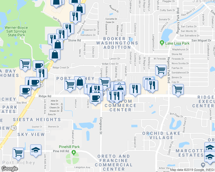 map of restaurants, bars, coffee shops, grocery stores, and more near 8620 Congress Street in Port Richey