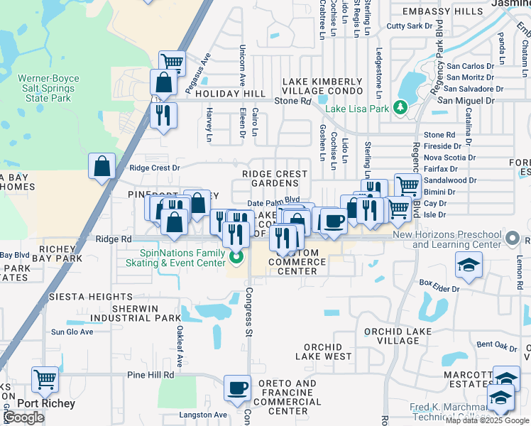 map of restaurants, bars, coffee shops, grocery stores, and more near 8550 Robilina Road in Port Richey