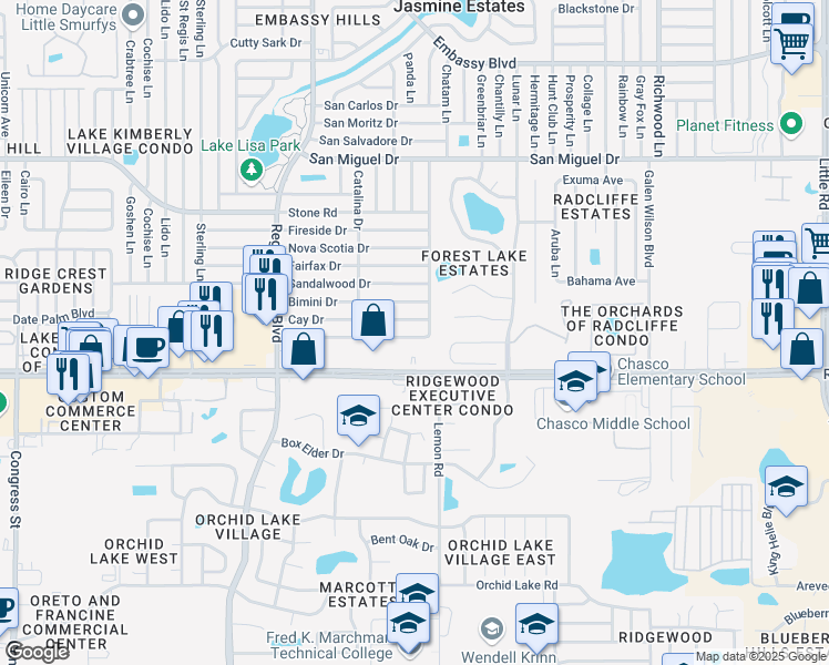 map of restaurants, bars, coffee shops, grocery stores, and more near 7421 Isle Drive in Port Richey
