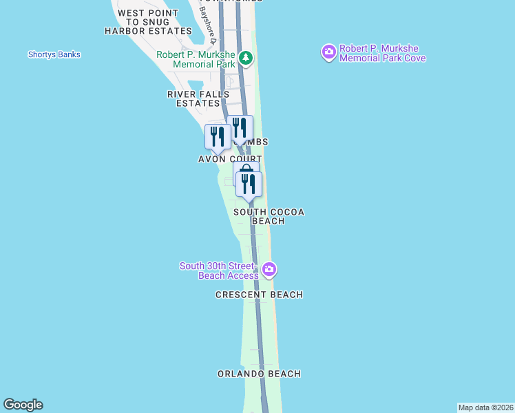 map of restaurants, bars, coffee shops, grocery stores, and more near 2465 South Atlantic Avenue in Cocoa Beach