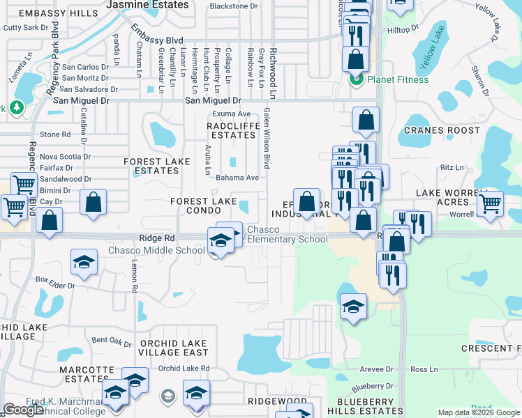 map of restaurants, bars, coffee shops, grocery stores, and more near 7969 Ridge Road in Port Richey