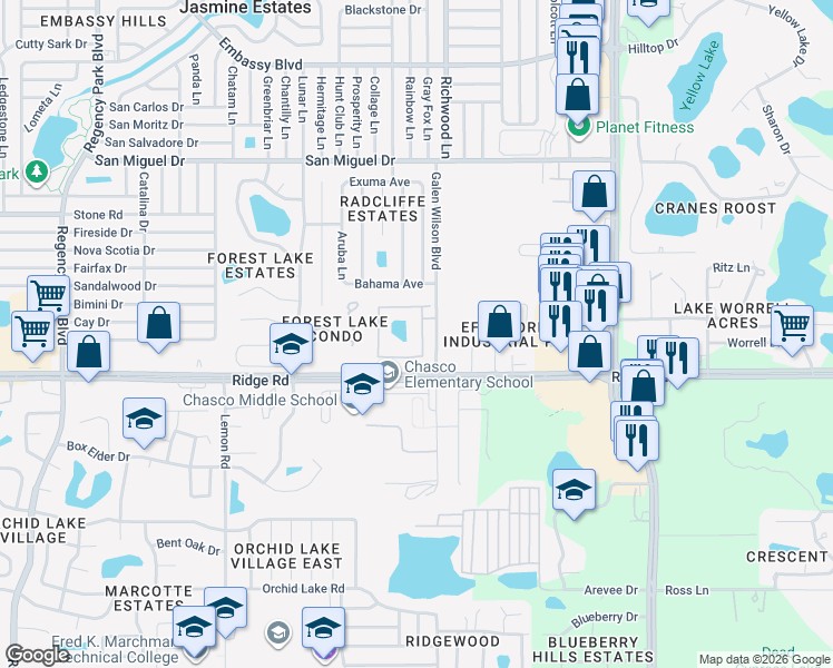 map of restaurants, bars, coffee shops, grocery stores, and more near 7969 Ridge Road in Port Richey