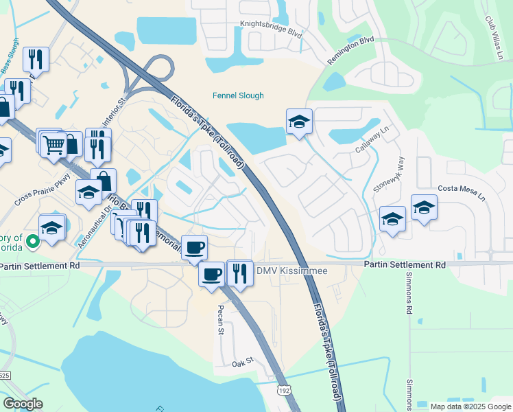 map of restaurants, bars, coffee shops, grocery stores, and more near 2552 Aventurine Street in Kissimmee