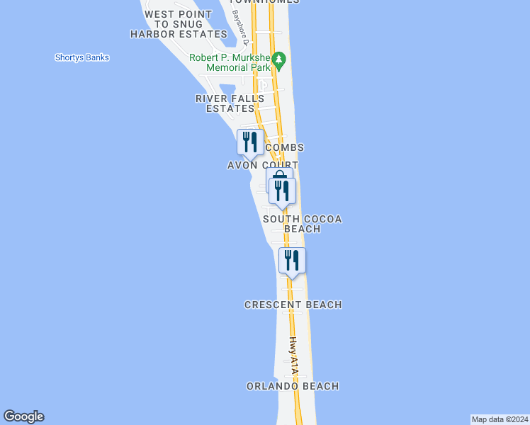 map of restaurants, bars, coffee shops, grocery stores, and more near 161 24th Street in Cocoa Beach