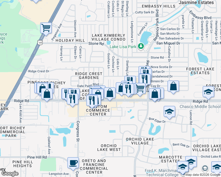 map of restaurants, bars, coffee shops, grocery stores, and more near Pioneer Trail & Wagon Trail & Frontier Trail in Port Richey