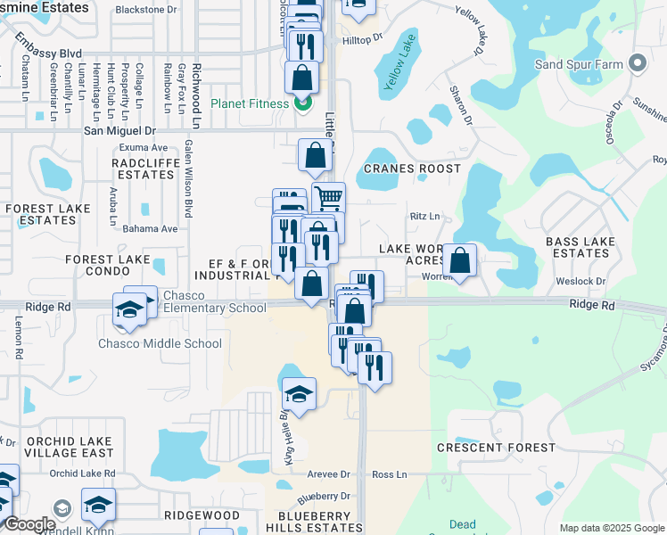 map of restaurants, bars, coffee shops, grocery stores, and more near Little Road in Port Richey