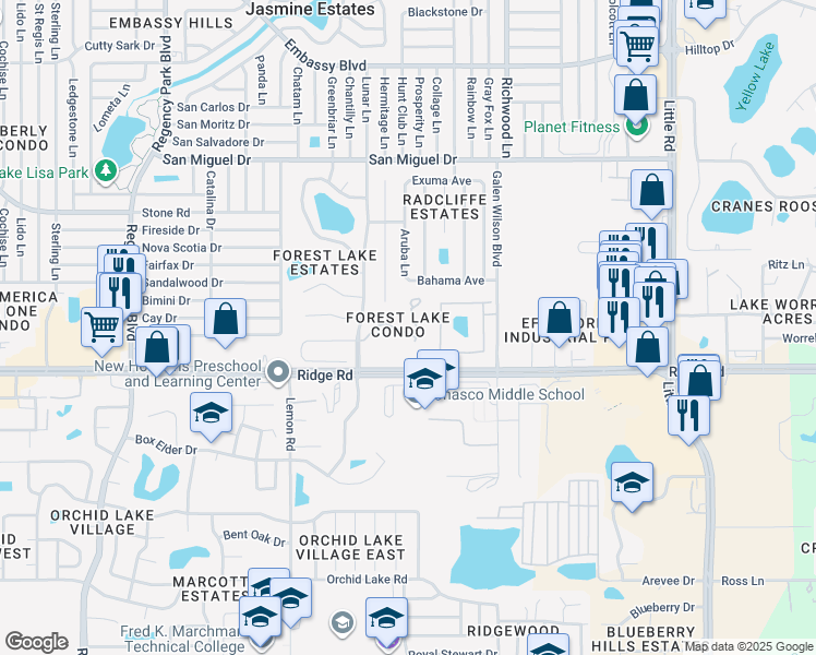 map of restaurants, bars, coffee shops, grocery stores, and more near 7741 Forest Trail in Port Richey