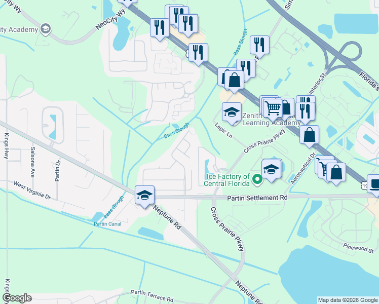 map of restaurants, bars, coffee shops, grocery stores, and more near 813 Neptune Pointe Lane in Kissimmee