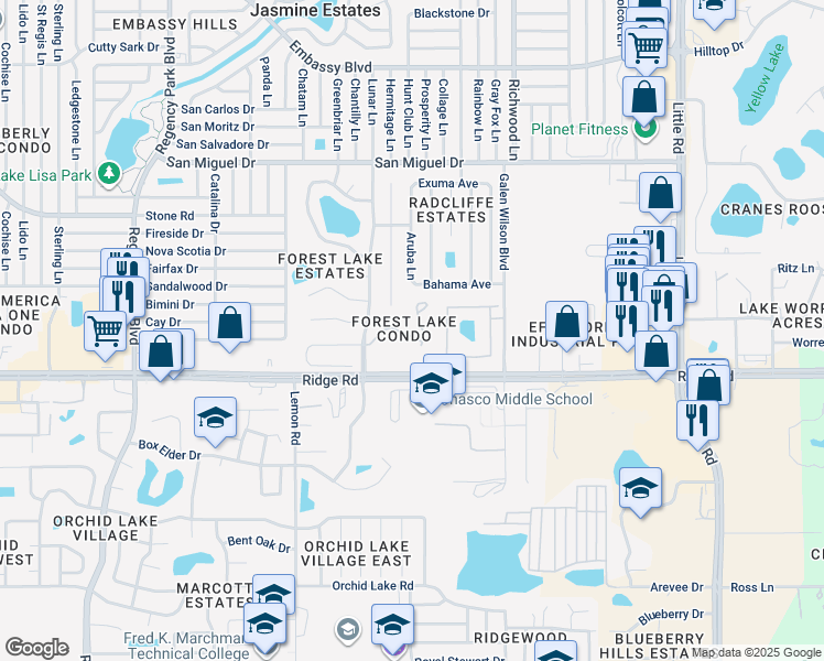 map of restaurants, bars, coffee shops, grocery stores, and more near 7741 Forest Trail in Port Richey