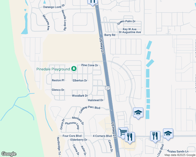 map of restaurants, bars, coffee shops, grocery stores, and more near 170 Pine Cone Drive in Davenport