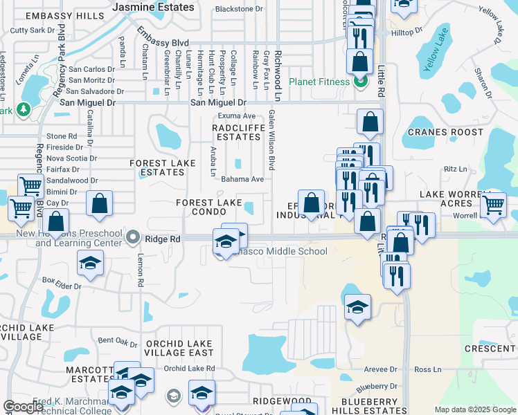 map of restaurants, bars, coffee shops, grocery stores, and more near 7614 Radcliffe Circle in Port Richey